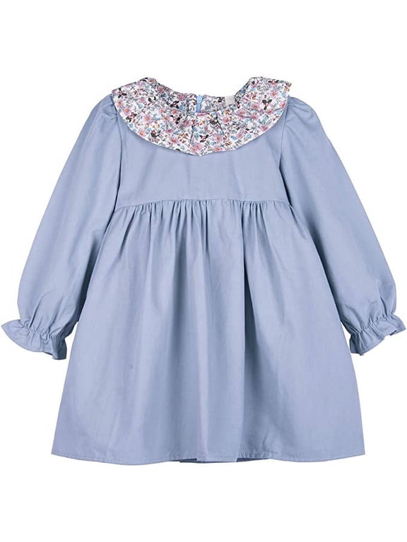 Little Girls' Princess Long Sleeve A-Line Dress Floral Pattern Doll Collar Denim Baby Blue Dress 6-7 Years
