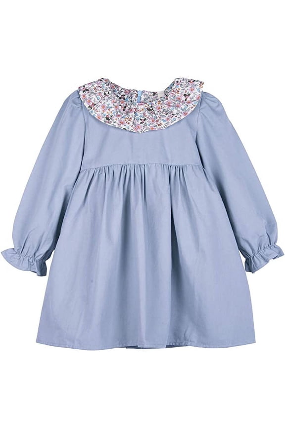 Little Girls' Princess Long Sleeve A-Line Dress Floral Pattern Doll Collar Denim Baby Blue Dress 5-6 Years