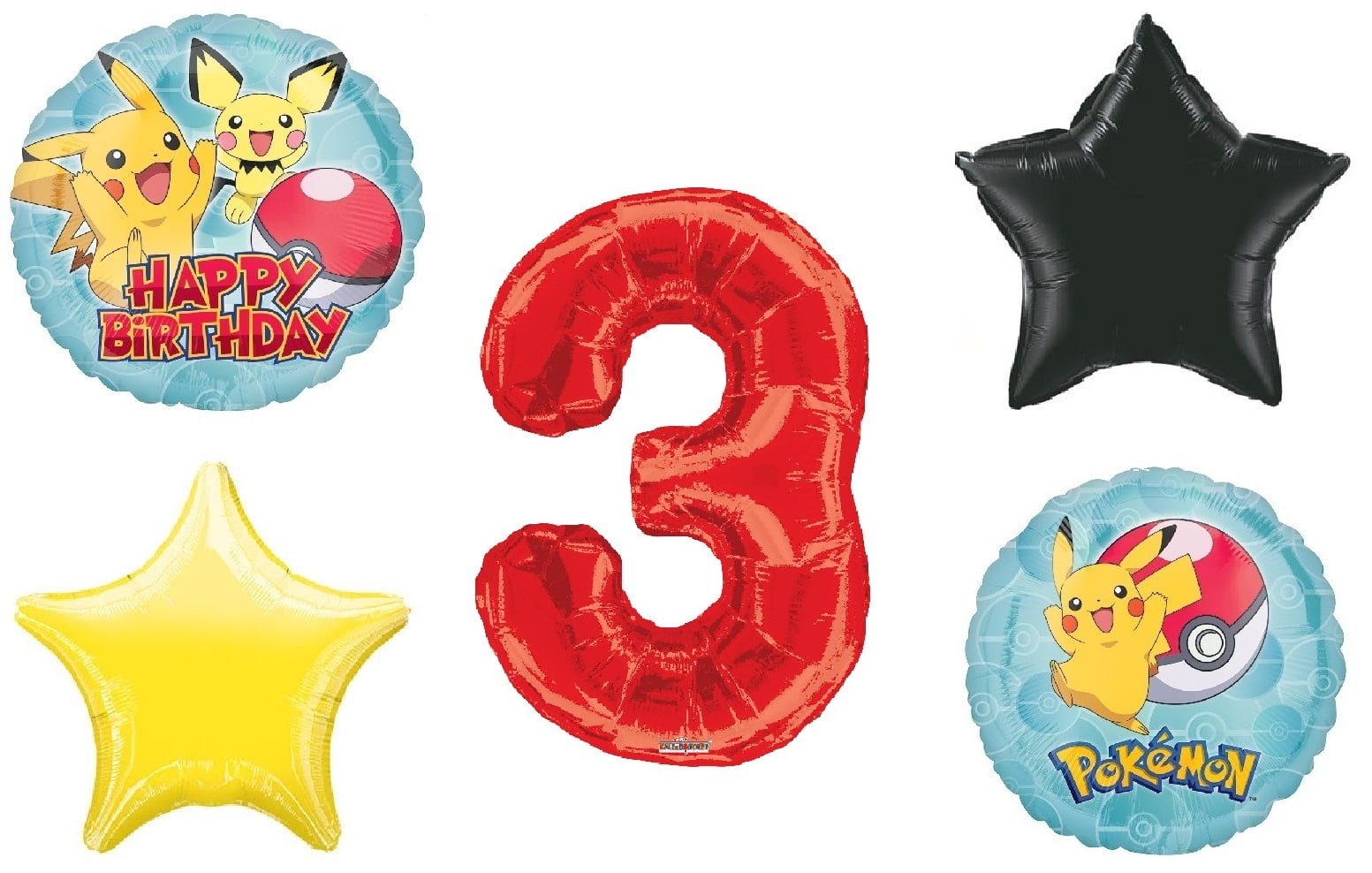Pokemon GO Pikachu Happy Birthday Balloon Bouquet 3rd Birthday 5 pcs - Party Supplies