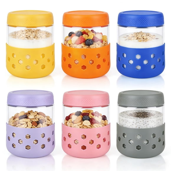 BYHANG 6 Frascos de Vidrio 16 oz con Funda de Silicona, Contenedores Herméticos sin BPA para Overnight Oats, Pudín de Chía, Yogur y Snacks, Apto para Lavavajillas, Dis