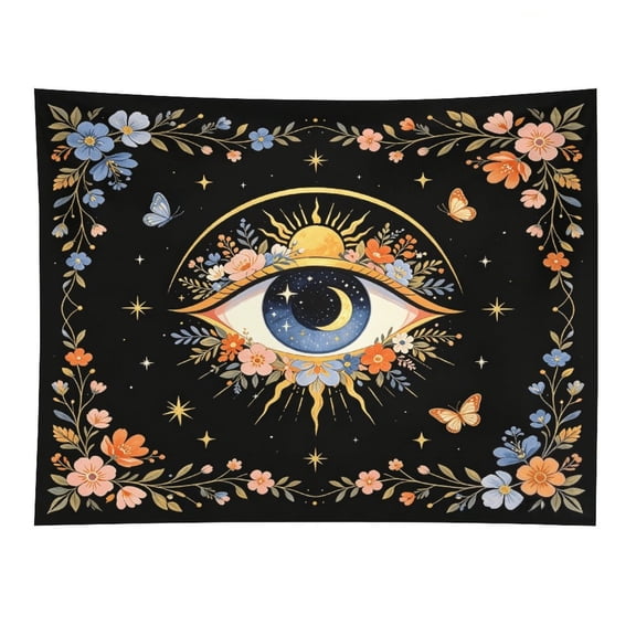 Boho Floral Evil Eye Tapestry, 30x40 Inch Black Background Sun Moon Star Butterfly Wall Hanging, Vintage Botanical Wall Tapestry for Bedroom Dorm Living Room Home Decor