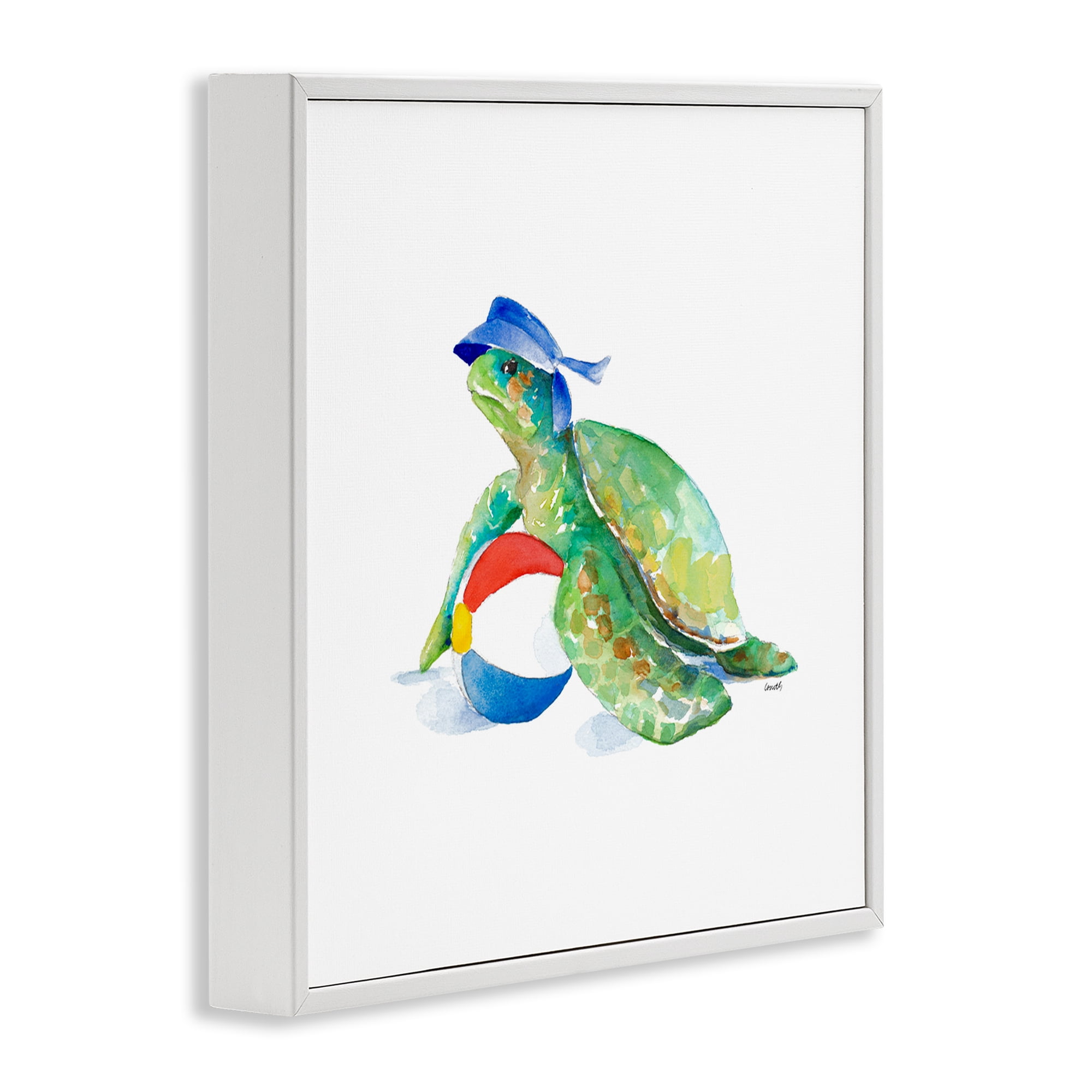 Stupell Industries Turtle & Beach Ball Novelty Painting White Framed Art Print Wall Art, 24 x 24