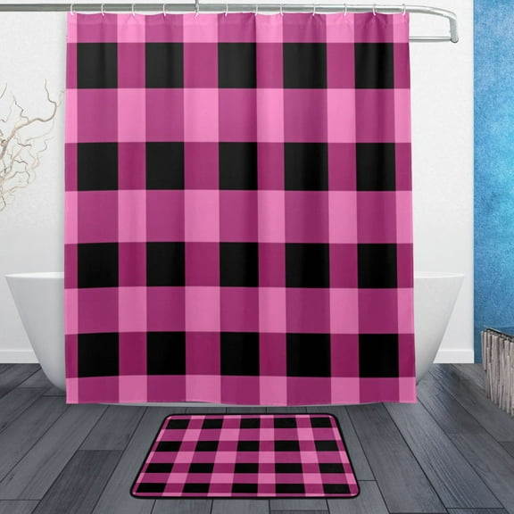 Bath Curtain & Non-Slip Bath Mat Set 12-Grommet Shower Curtain Memory Foam Bath Rug Pink and Black Check