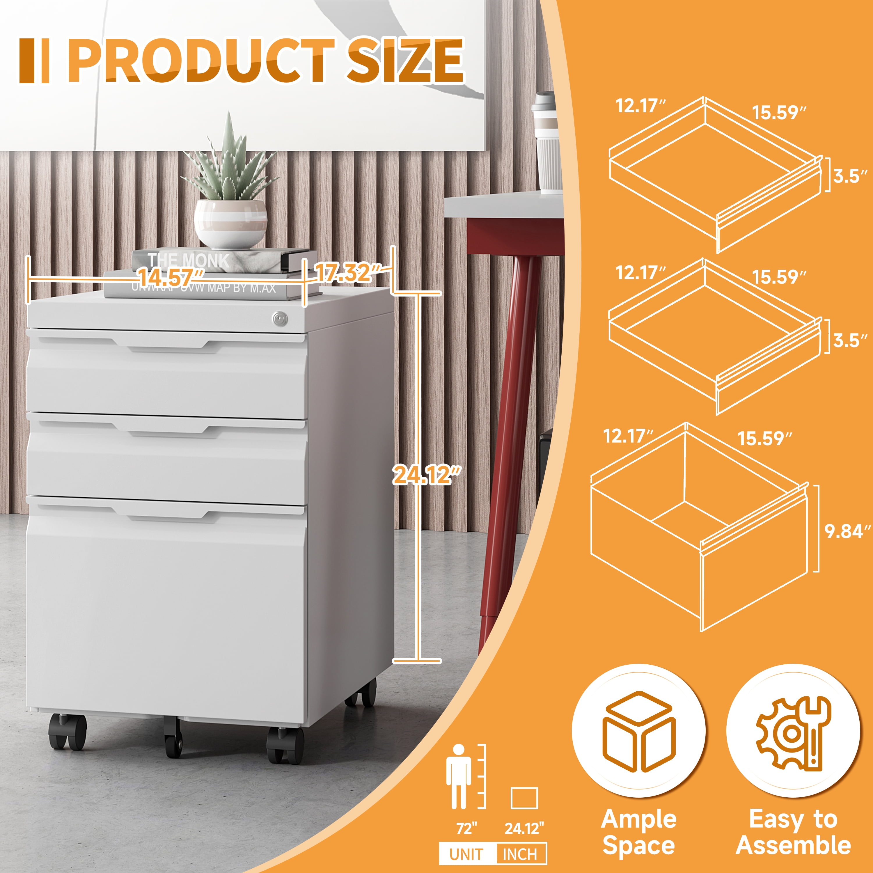 Mobile File Cabinet for Home Office, 3-Drawer Under Desk Filing Cabinet with Lock, Vertical Metal Storage Cabinet On Wheels for Legal/Letter/A4 Files(14.6''W-3 Drawers-Mobile,White)