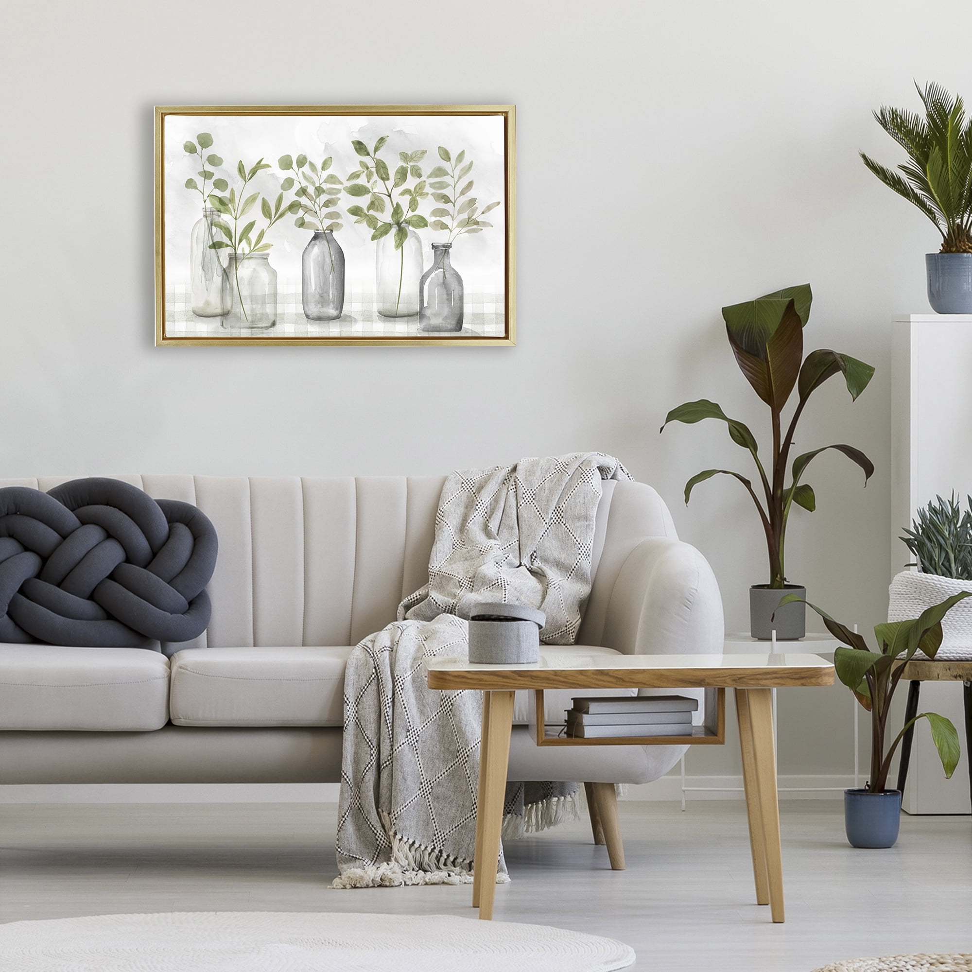 Stupell Industries Greenery Leaves in Vases Gold Framed Floater Canvas Wall Art, design by Nan