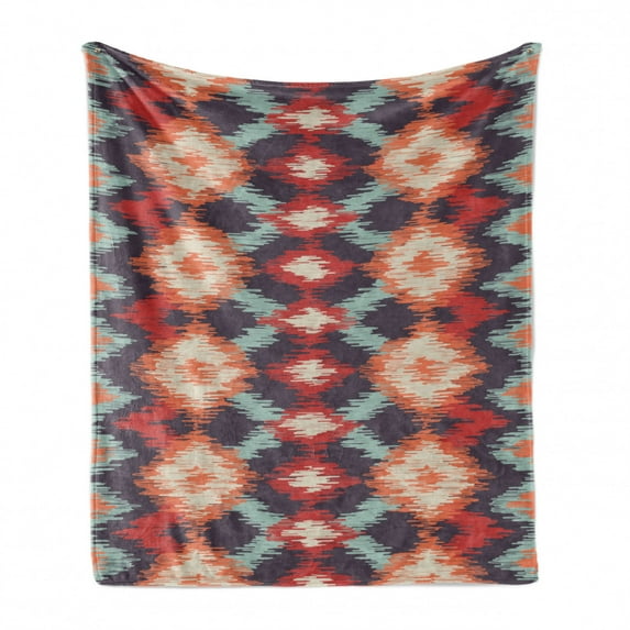 Ikat Soft Flannel Fleece Blanket, Oriental Double Batik Tie-Dye Weaving Style Graphic Ikat Forms Cultural Artisan, Cozy Plush for Indoor and Outdoor Use, 70" x 90", Red Orange Teal, by Ambesonne