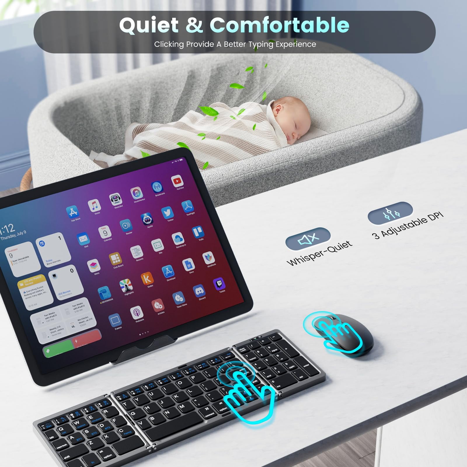 Portable Travel Keyboard and Mouse Combo, Folding Bluetooth Keyboard Mouse with Numeric Keypad for Laptop