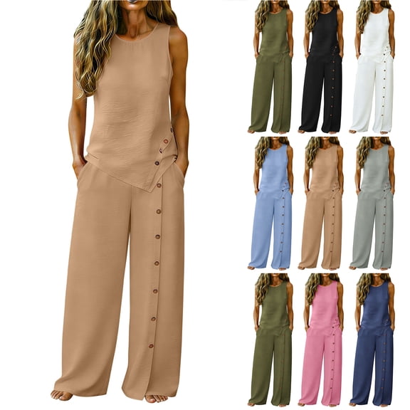 Bloomae 2 Piece Outfits for Women Summer Suits Matching Set Sleeveless Button Irregular Hem Tank Tops and Button Decor Wide Leg Pants with Pockets Loose Comfy Beach Vacation Clothes Pink S