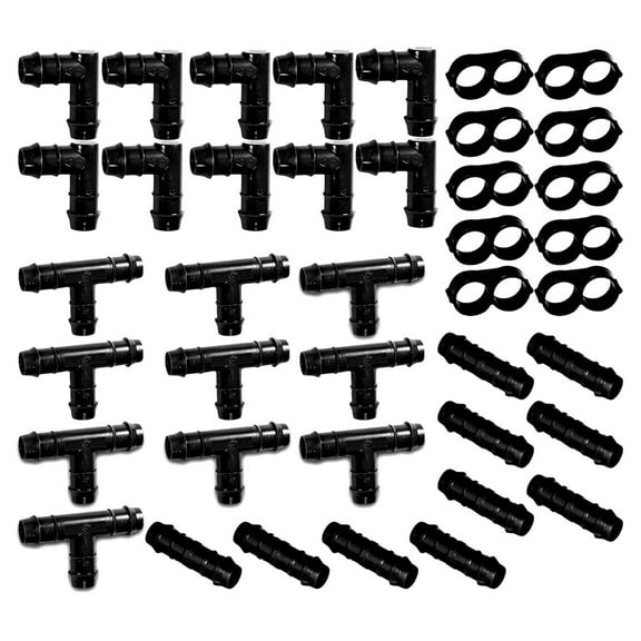 (40 Piece) - Irrigation Fittings Kit for 1/2" Inch Tubing - Tees, Couplings, Elbows, End Cap Figure 8 Plugs - Barbed Connectors (Rain Bird 16mm .520 ID Drip or Sprinkler Systems) (Black Pro Kit)