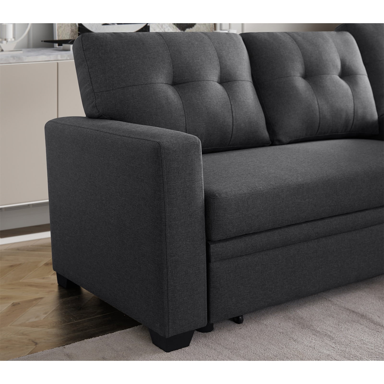 Hommoo 2 in 1 Pull Out Sofa Bed with Storage & Chaise, Linen Upholstered Sectional Sofa Convertible L Shaped Sleeper Sofa for Home,Dark Gray