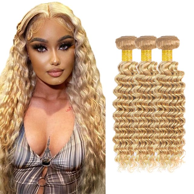 Paquetes de pelo Ladrxadr Blonde Deep Wave 45 50 55 cm, 3 paquetes