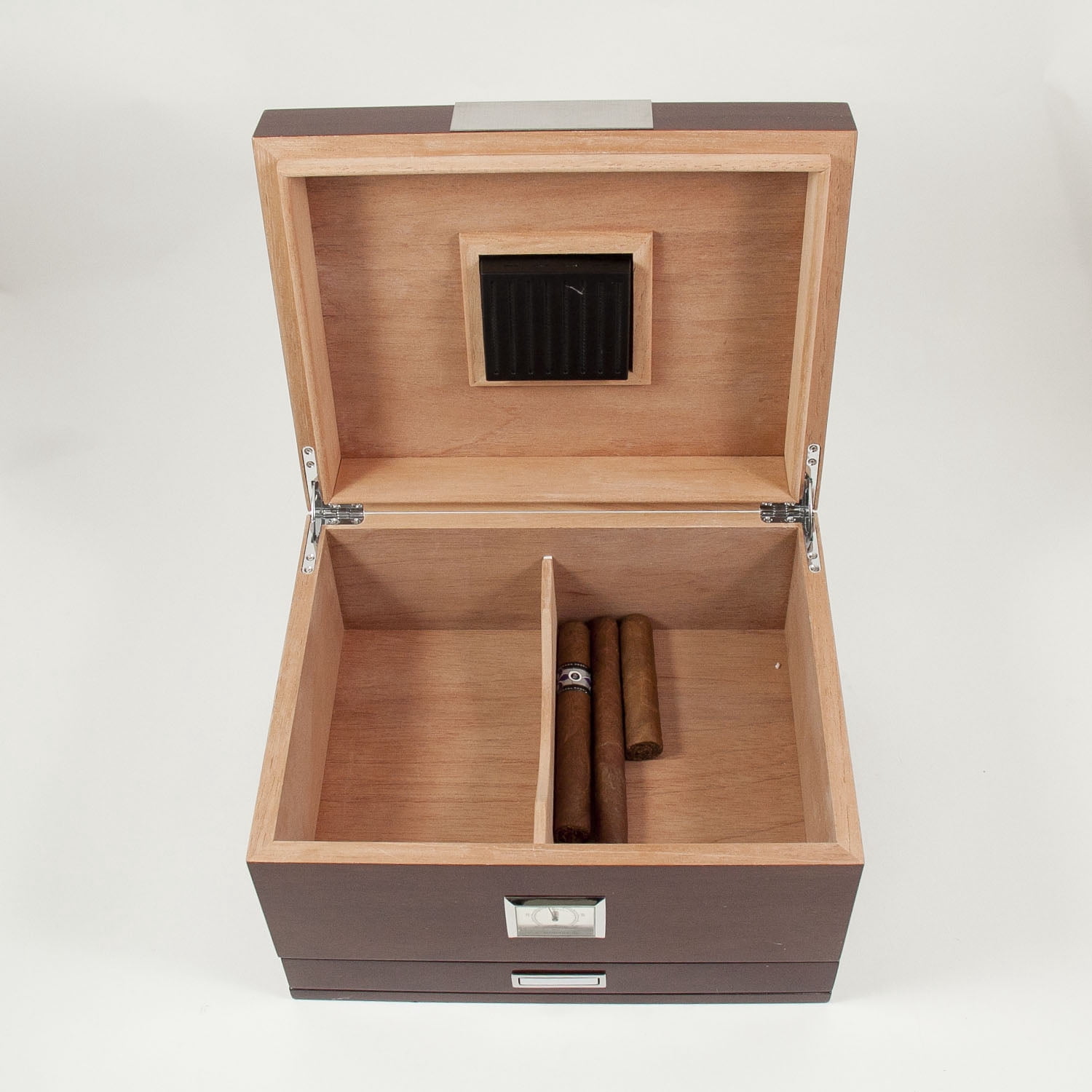 Lacquered "Walnut" Wood 60 Cigar Humidor with Spanish Cedar Lining and Accessory Drawer. Includes Humidistat and External Hygrometer.