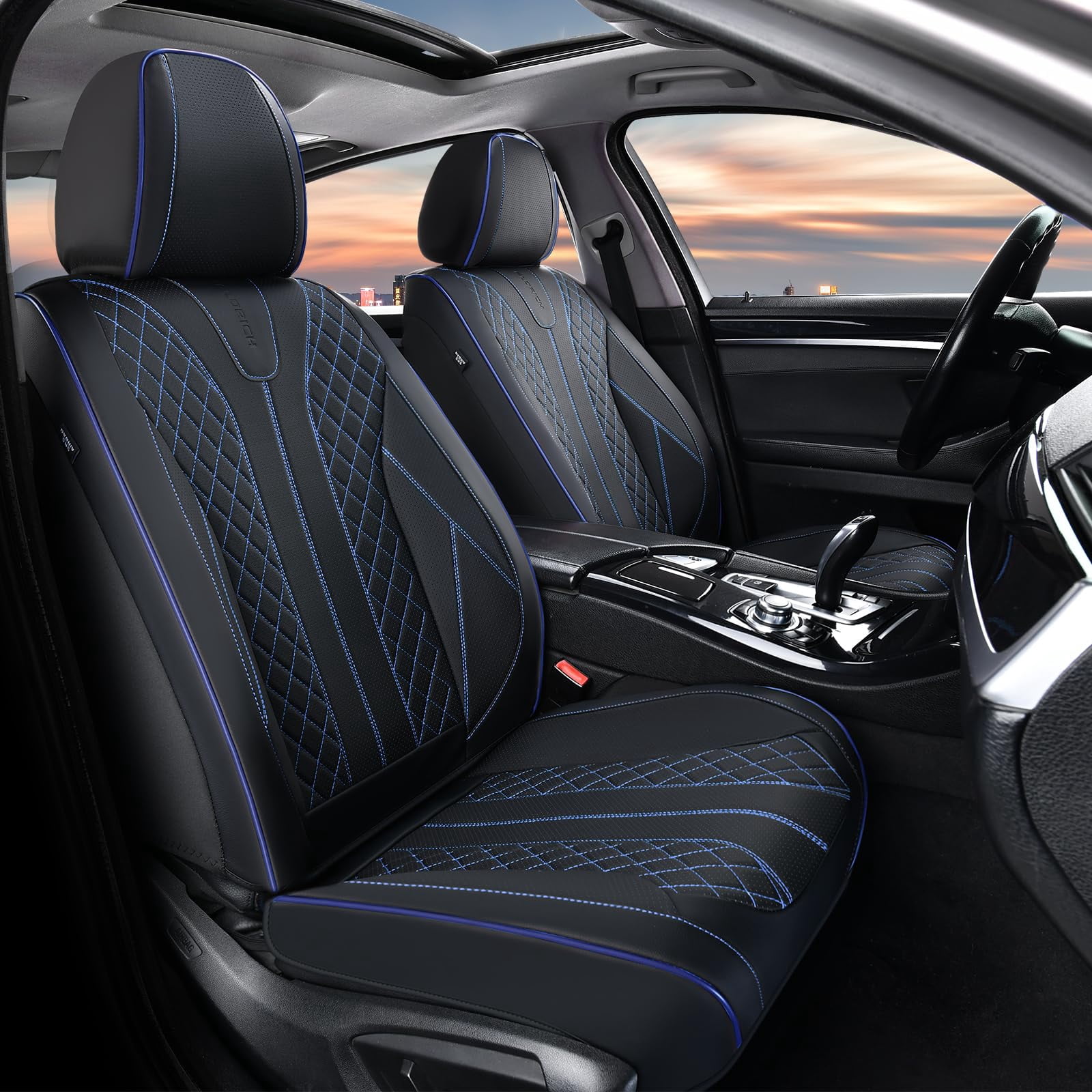 FLORICH Front Pair Car Seat Covers, Premium Faux Leather Seat Protectors, Breathable Material Cushions Universal Fit for Most Cars, Black & Blue Line