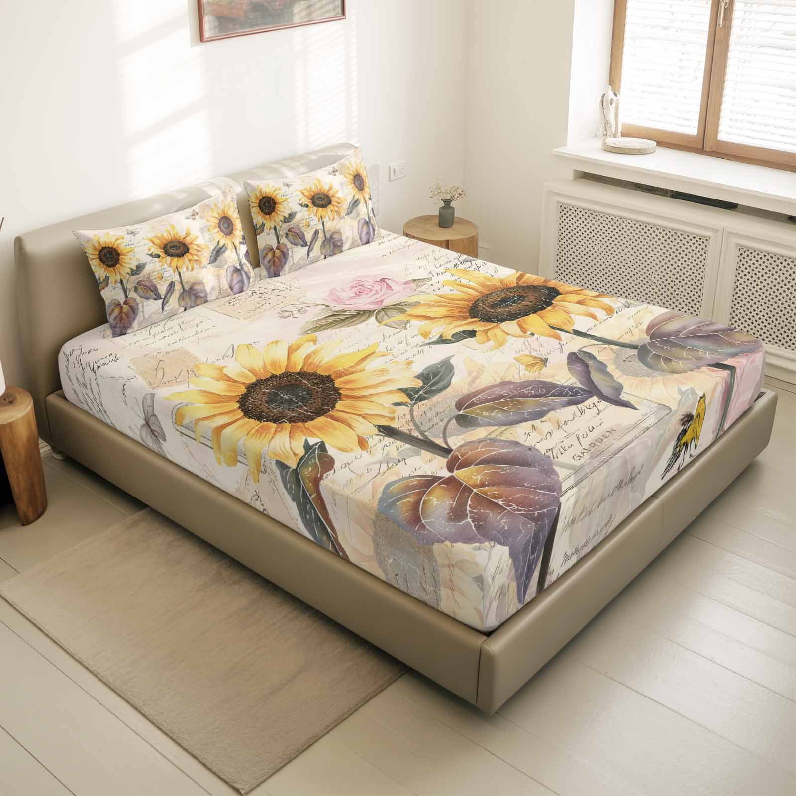 King Size Fitted Sheet Set - Sunflower Vintage 3 Piece Bedding Sets 16" Deep Pocket Fitted Sheet with 2 Pillowcases, Farmhouse Botanical Floral Butterfly Brushed Microfiber Hotel Luxury Bed Sheets