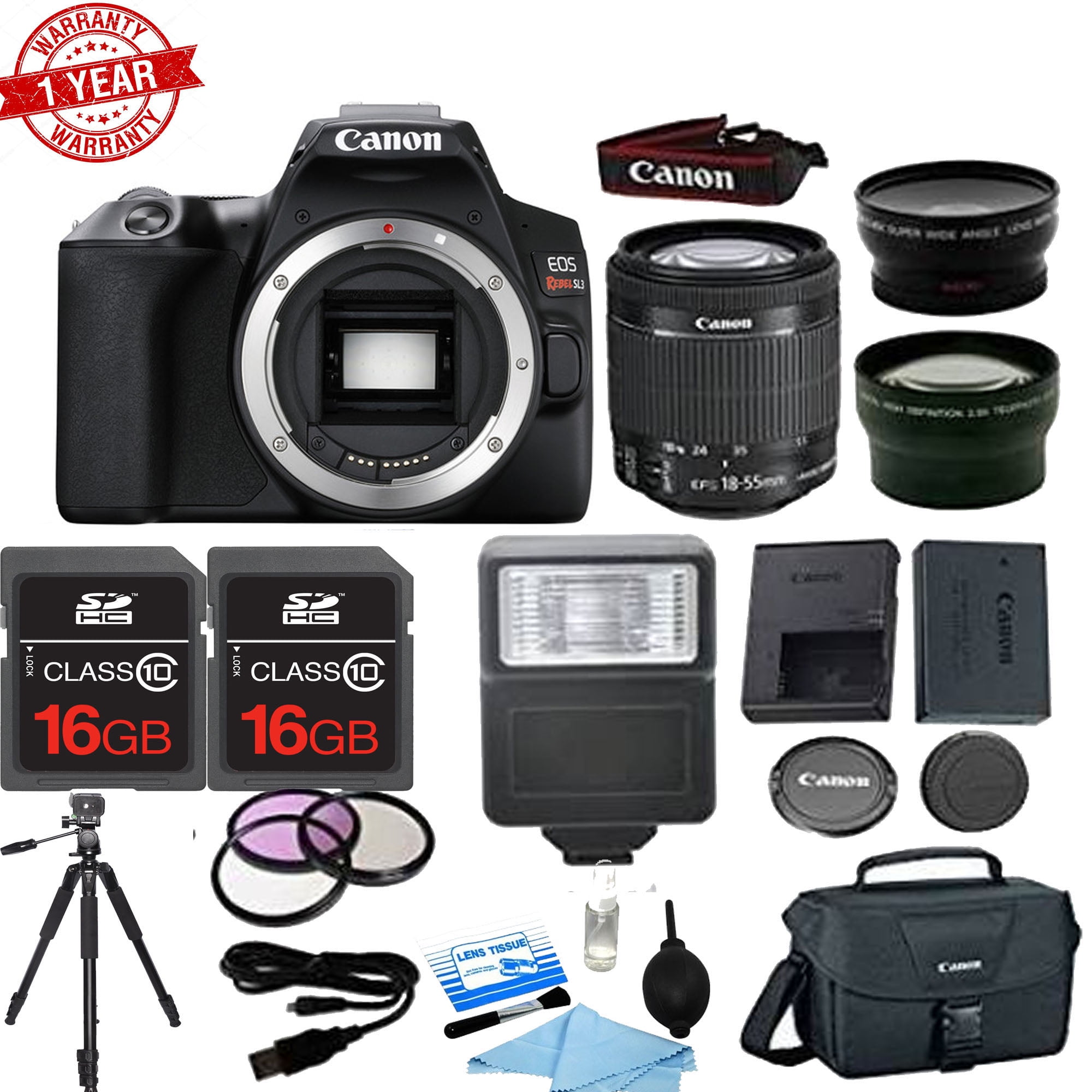 Canon EOS Rebel SL3/250D DSLR Camera with 1855mm Lens Flash EXT BAT