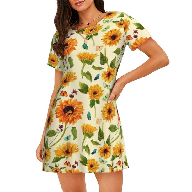 Disketp Sunflowers And Butterflies para Camisón Corto de Manga Corta para Mujeres, Camisón Cómodo con Escote Redondo, Bonito y Confortable