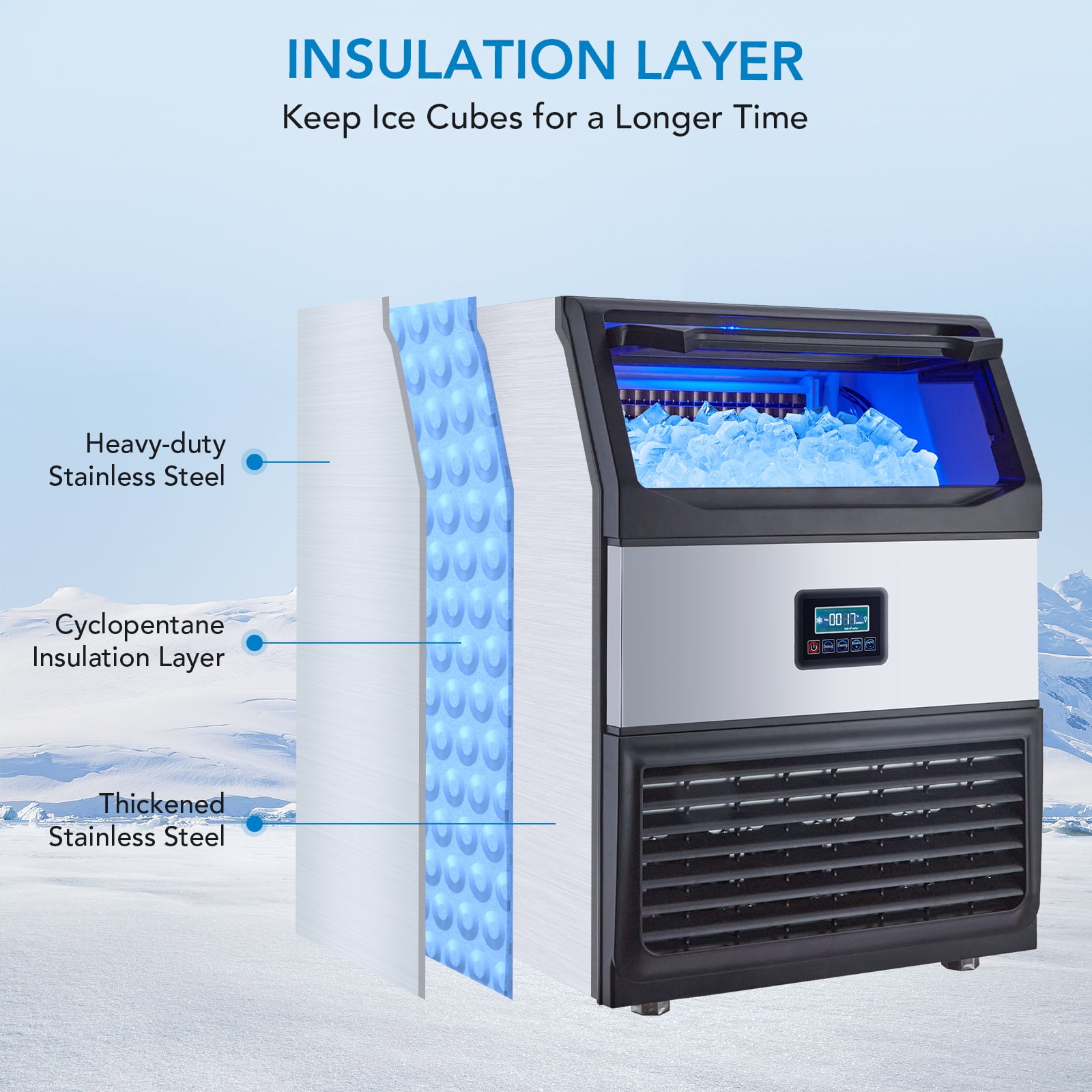 High Capacity Commercial Ice Maker Machine – 265lbs/24H Output, 55lbs Storage – Stainless Steel, Quiet, Energy Efficient, Freestanding Undercounter, LED Display – Silver Black