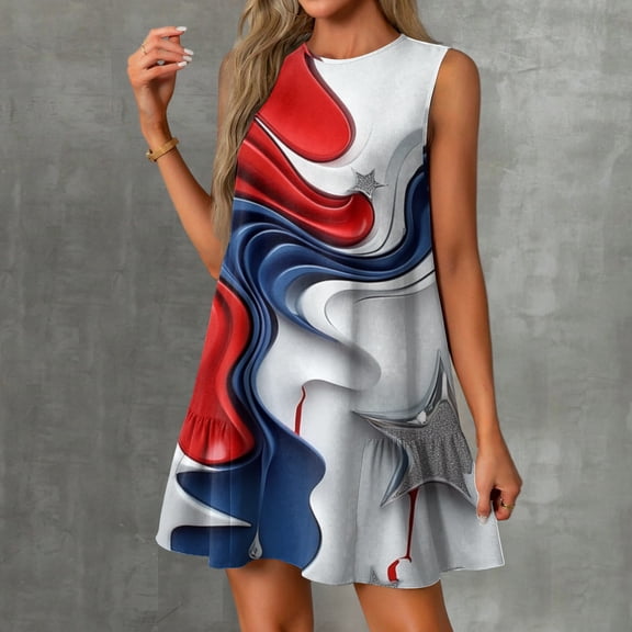 Women's Stylish Sundress, Sleeveless Round Neck Summer Dress with Independence Day Design, Perfect for Fireworks and BBQs,Red S
