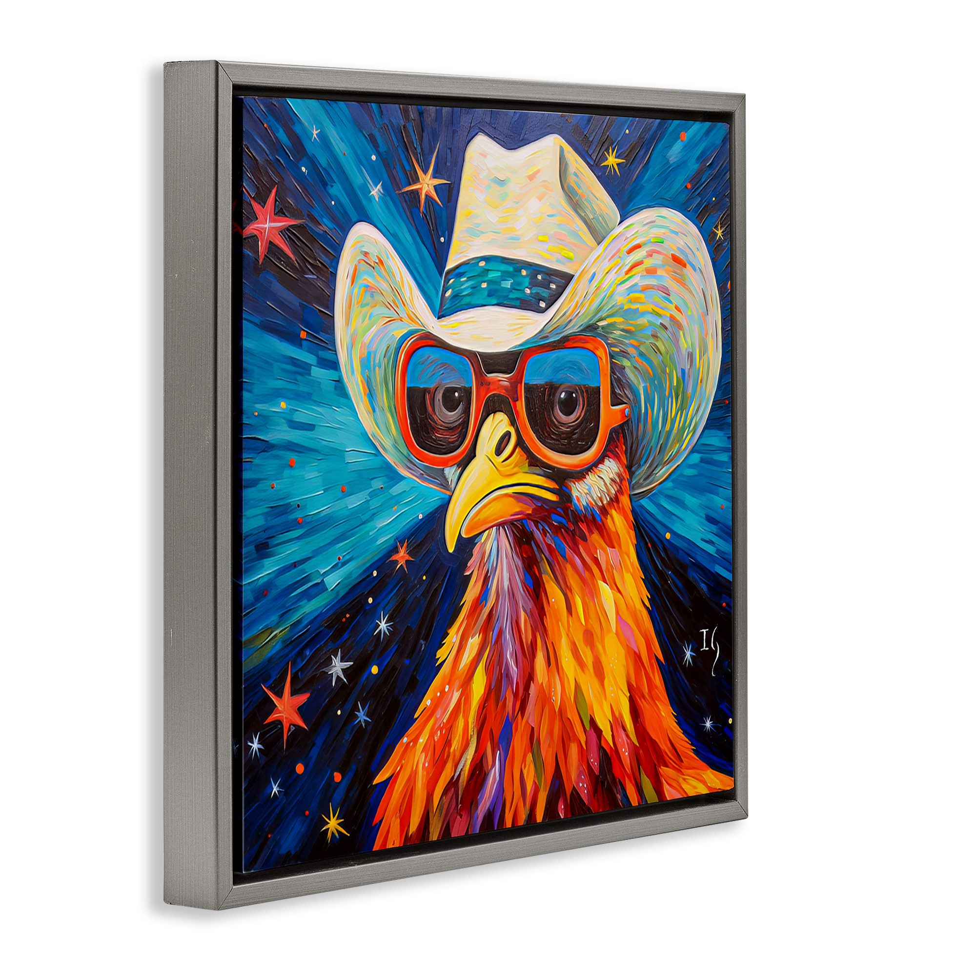 Stupell Industries Cowboy Chicken with Stars Animals & Insects Painting Gray Floater Framed Canvas Art Print Wall Art, 25 x 25