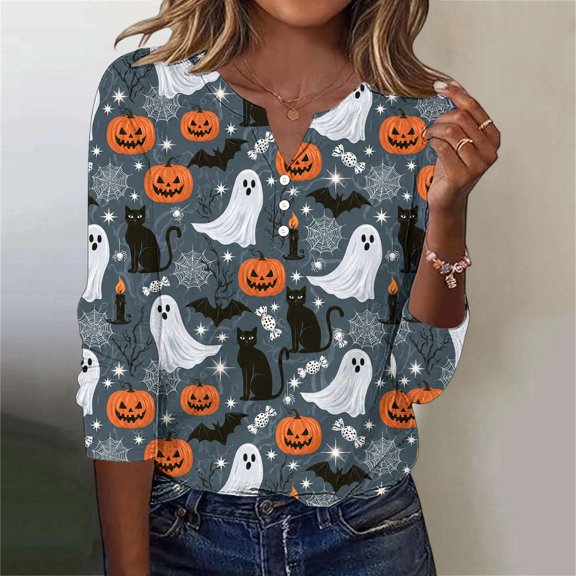 Halloween Tops for Women Cute Ghost Pumpkin Printed V Neck Quarter Button Long Sleeve Fashion Festival Party Top Multicolor S