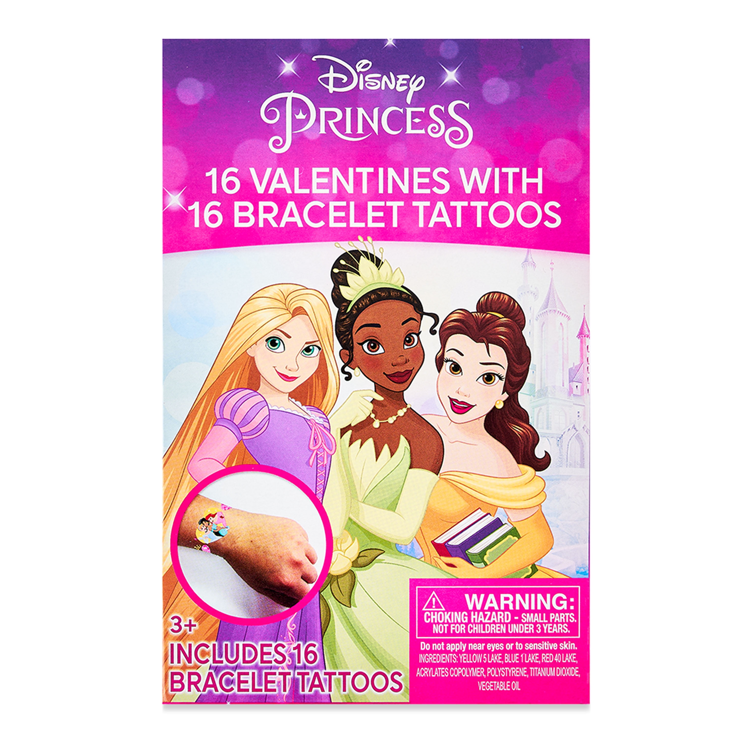 Disney Princess Valentine's Day Cards, Kiddie Cards, 16 Count, Temporary Tattoos, Pink