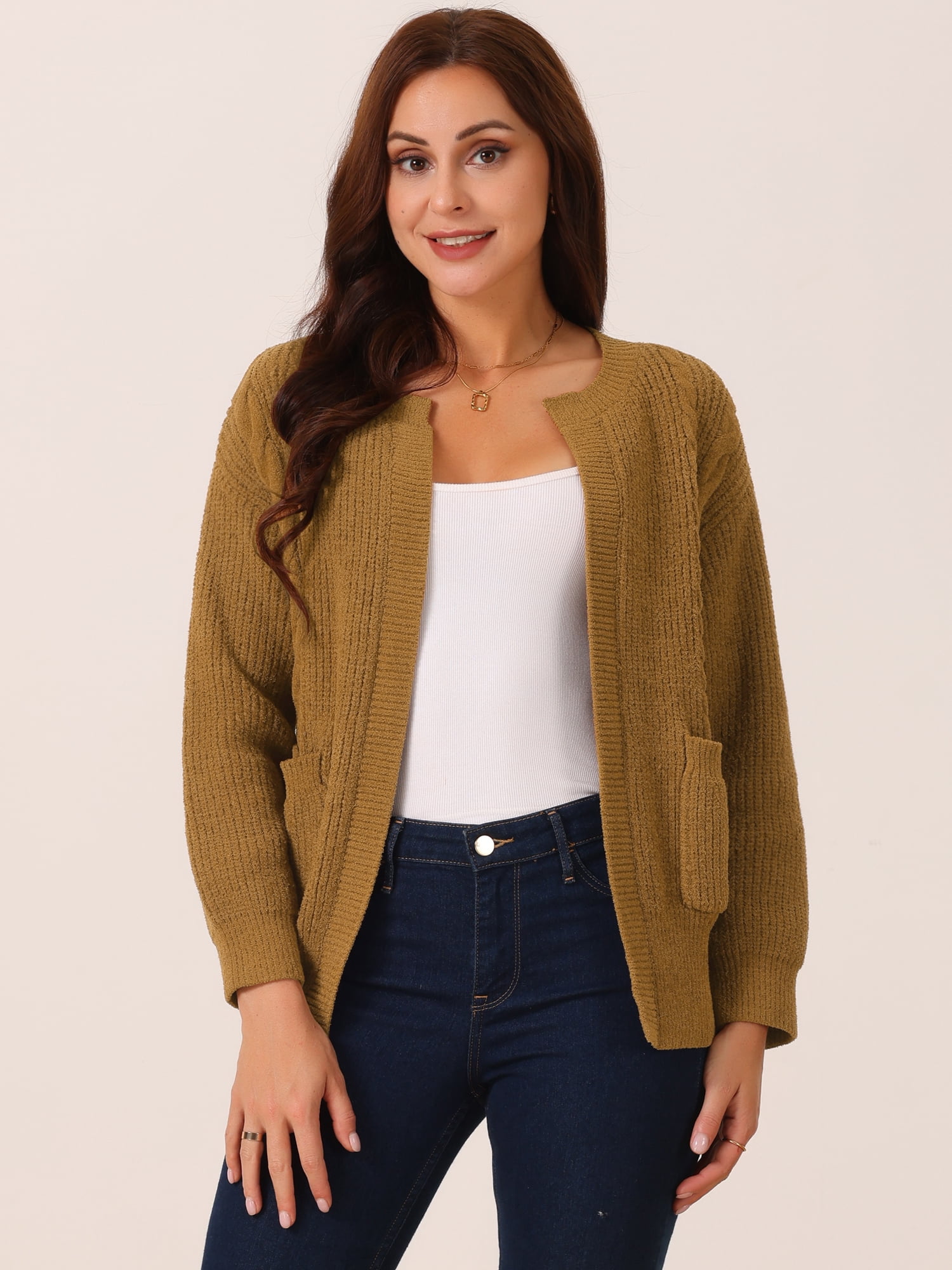 DARING DIVA Women's Open Front Knitted Casual Cardigan with Pockets S Brown