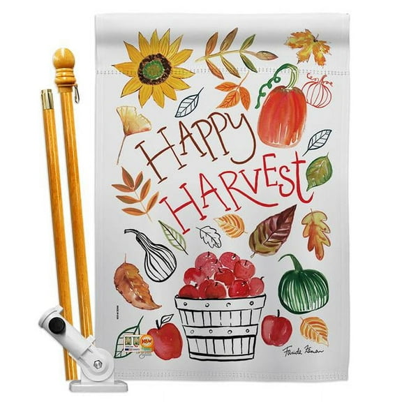 Breeze Decor BD-HA-HS-113073-IP-BO-D-US18-WA 28 x 40 in. Happy Harvest Fall & Autumn Impressions Decorative Vertical Double Sided House Flag Set with Pole Bracket Hardware