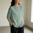 thumbnail image 4 of Uootdi Linen Tops for Women Mandarin Collar Half Sleeve Floral Embroidered Stripe Womens Tops Relaxed Fit Lightweight Womens Shirts for Women, 4 of 6