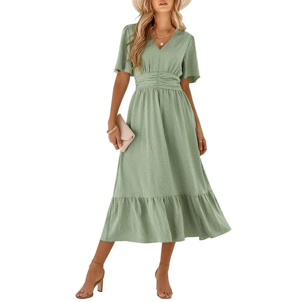 Lucakuins Mujeres Vestido Largo Maxi Moda Verano Casual Punto Suizo Con Cuello En V Volantes Manga Corta Vestido Dulce Vestido Lucakuins moda