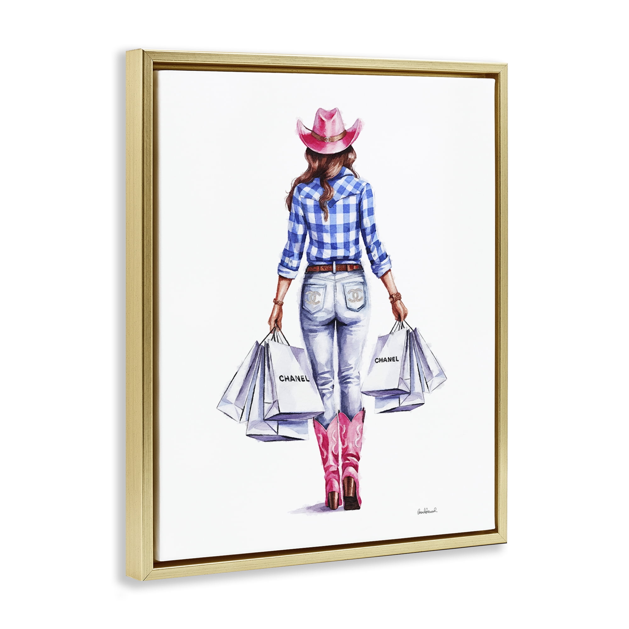 Stupell Industries Cowgirl & Shopping Bags People Painting Gold Floater Framed Canvas Art Print Wall Art, 17 x 21