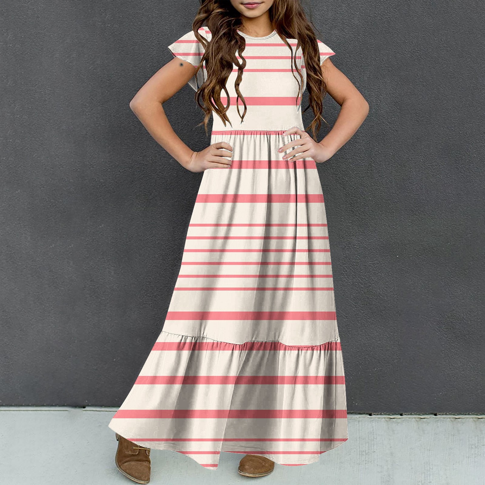 2025 Girls Dresses with Pockets 6-12 Years Kids Ruffle Short Sleeve Trendy Stripe Printed Crewneck Going Out Long Maxi Dress