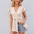 thumbnail image 2 of Camiseta con cuello en V para mujer, manga corta, patrón de puntos, cintura con volantes, cierre de botón, camiseta informal de verano, albaricoque M, 2 of 6