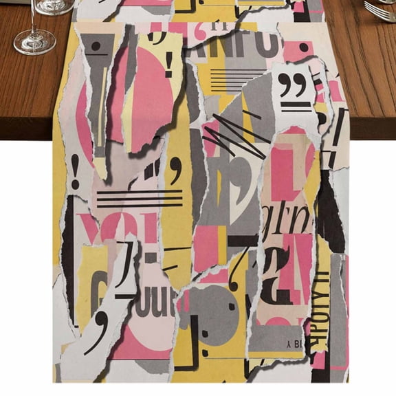 Table Runners 120 Inches Long Dress Scarves, Abstract Art Farmhouse Coffee/Dining/Kitchen Table Runner for Living Room, Pink Yellow Collage Art Torn Paper Pieces 13x120 Inch