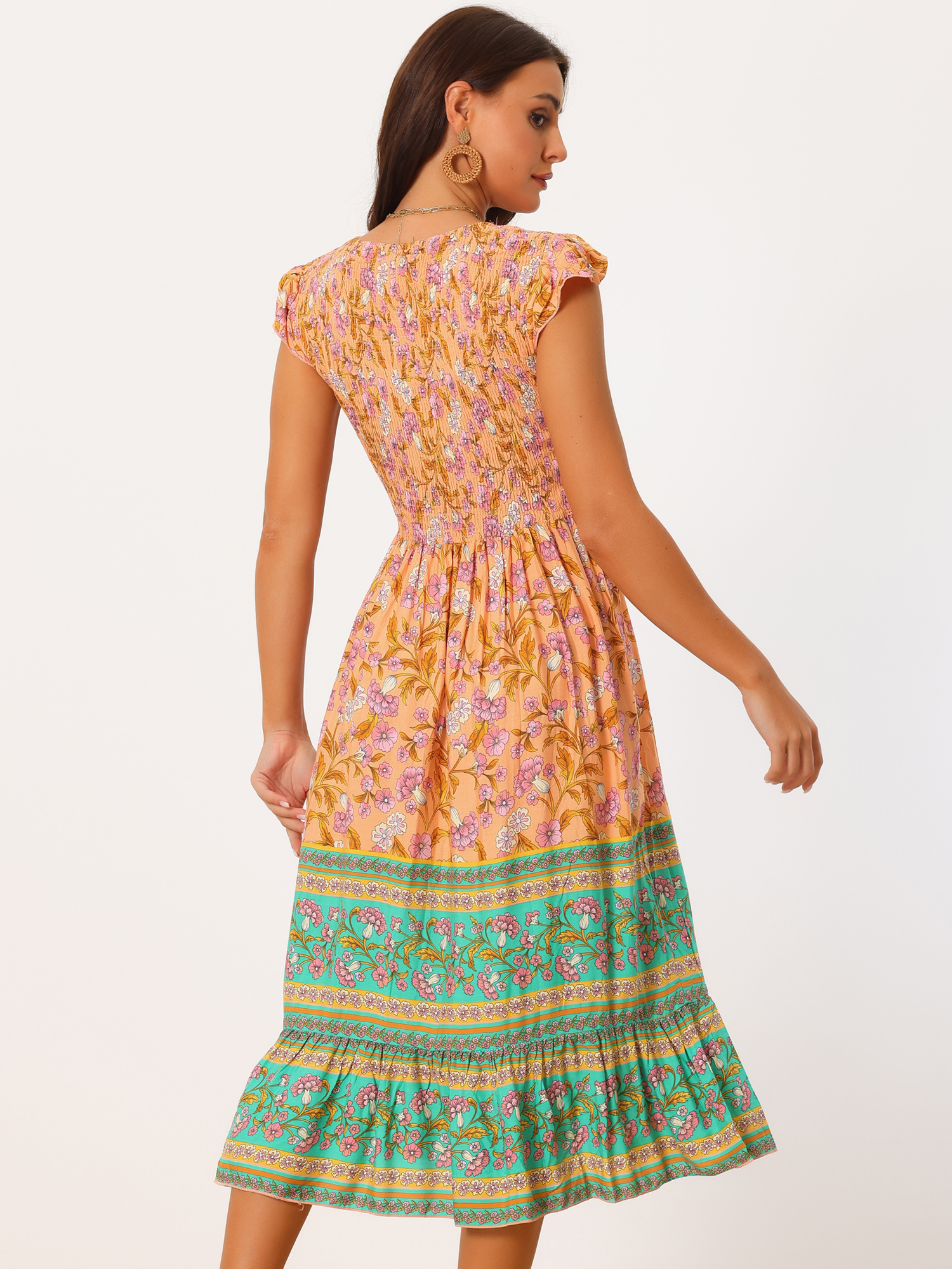 Unique Bargains Women's Floral Flutter Sleeve Smocked High Waist Flowy Boho Dress L Orange