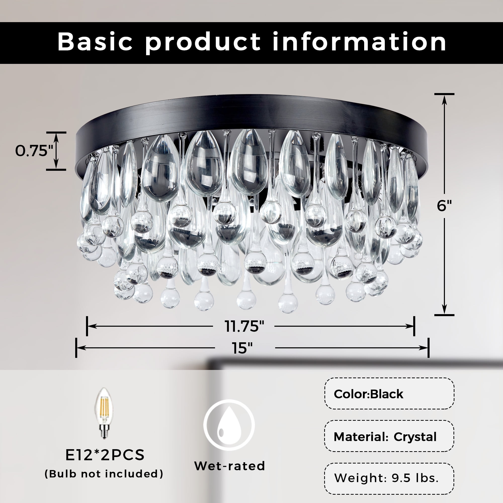 Mordern Matte Black Semi Flush Mount, 15 Inch Crystal Droplets Flush Mount Light, Unique Elegant Metal Close to Ceiling Light for Lving Room, Dining Room, Bedroom