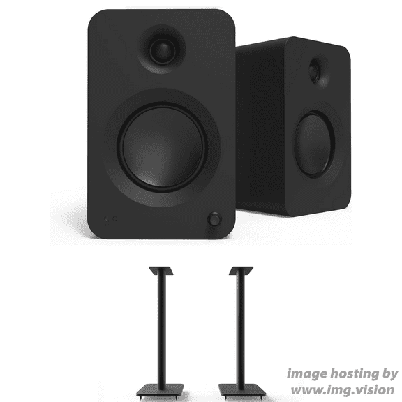 Kanto REN MB Bluetooth Powered Bookshelf Speakers - Matte Black Pair with Kanto SP26PL 26" Fixed-Height Stands for Bookshelf Speakers - Black Pair (2024)