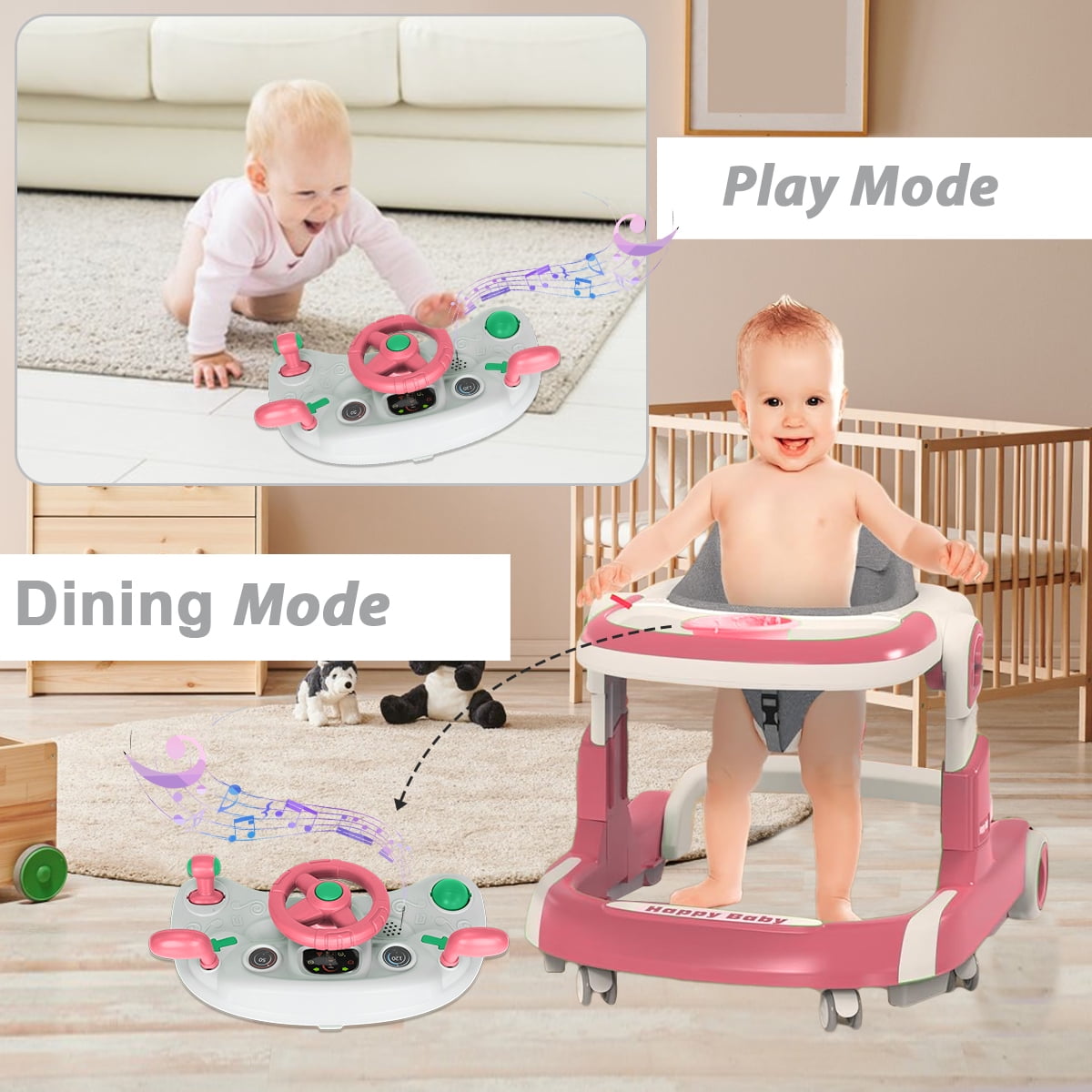 HAOUUCYIN 5-in-1 Baby Walker with Foot Pads/Handles for Girls Boys, Pink