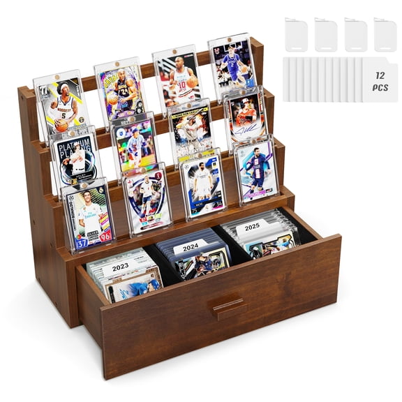 Trading Card Display, 3-Tier Trading Card Storage with Custom Drawer, Wood Graded Card Display with Card Supporters and Dividers, Sports Card Display Case for Card Game Collection (Walnut)