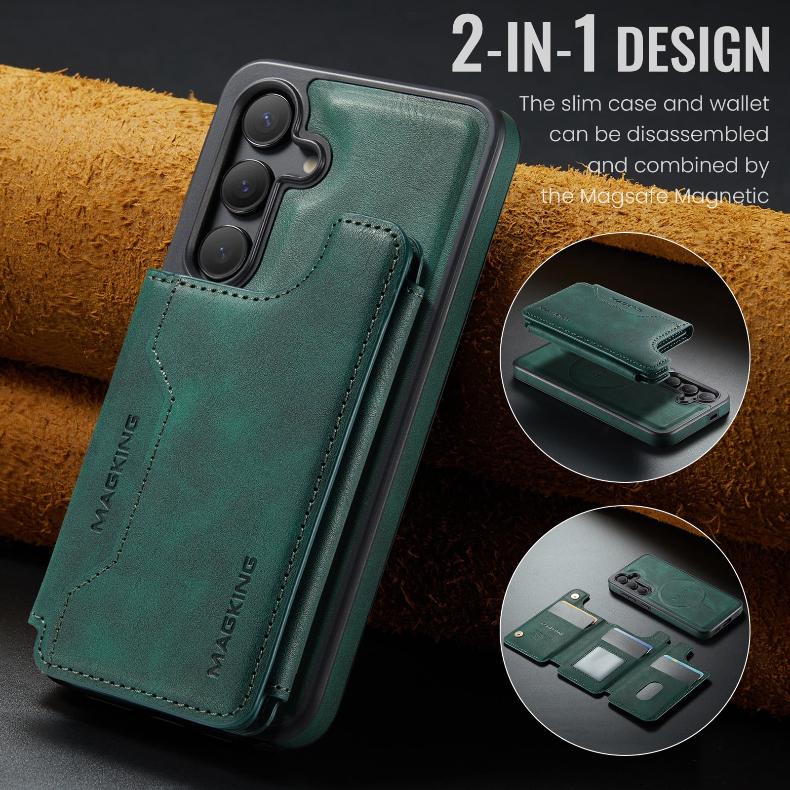 Designed for Samsung Galaxy S25+ Wallet Phone Case,Magnetic Detachable Flip Card Holder,Back Flip Kickstand,Compatible with Mag-Safe,2-in-1 PU Leather Heavy Duty Shockproof Phone Case,Green