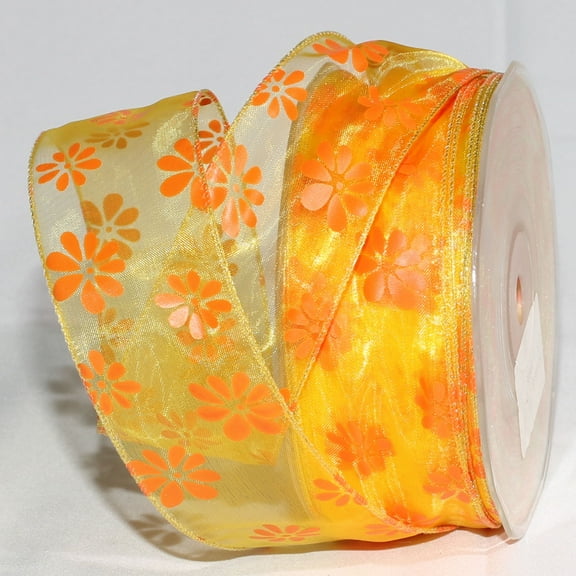 The Ribbon People Yellow and Orange Retro Daisies Organza Wired Craft Ribbon 1.5" x 27 Yards