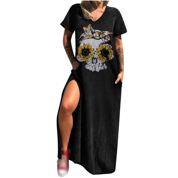 Vestido casual de verano Fridja largo de manga corta con bolsillo Sexy y cuello redondo estampado de Calavera de Halloween Talla S M L XL XXL