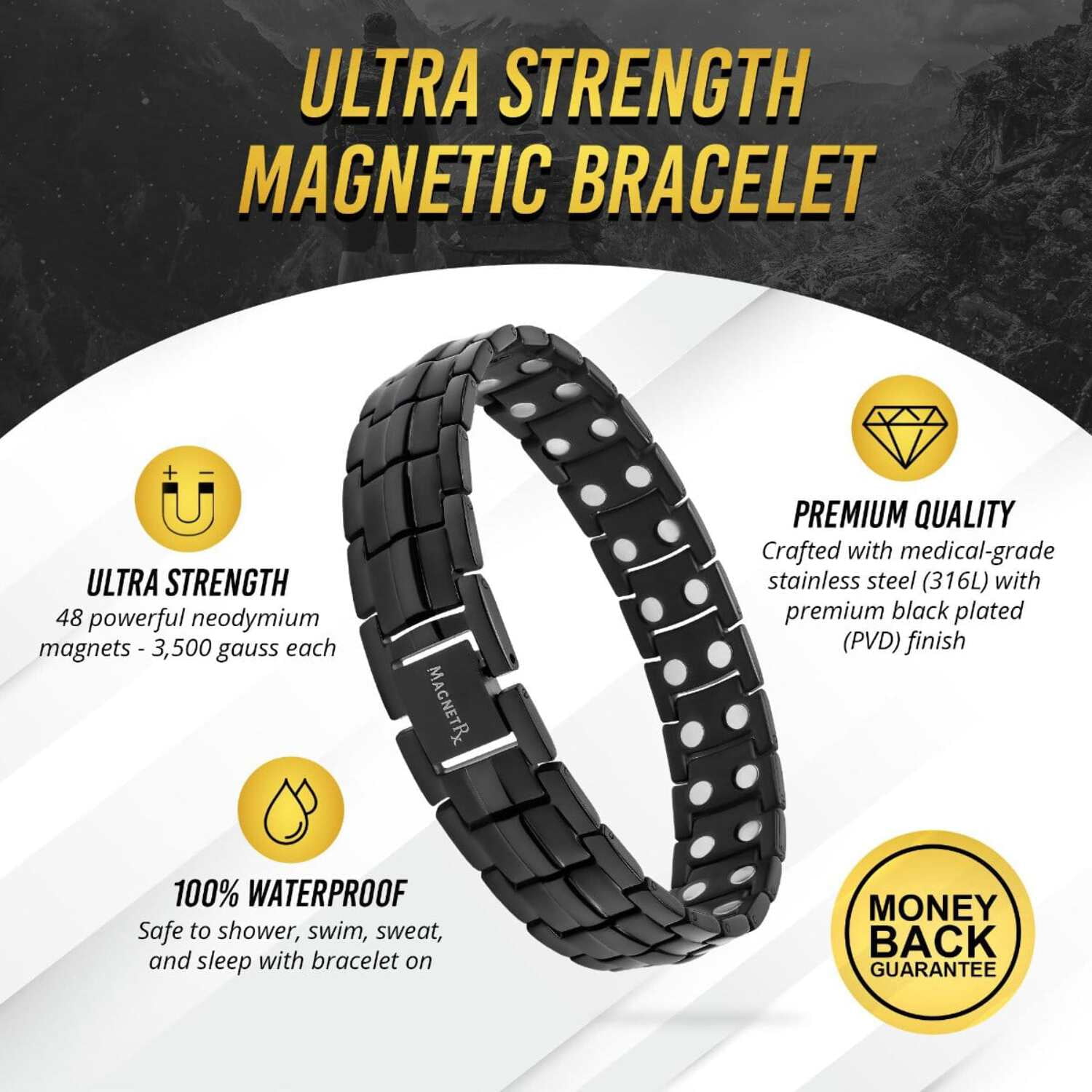 MagnetRX® Ultra Strength Magnetic Bracelet - Magnetic Bracelets for Men - Adjustable Length with Sizing Tool (Black)