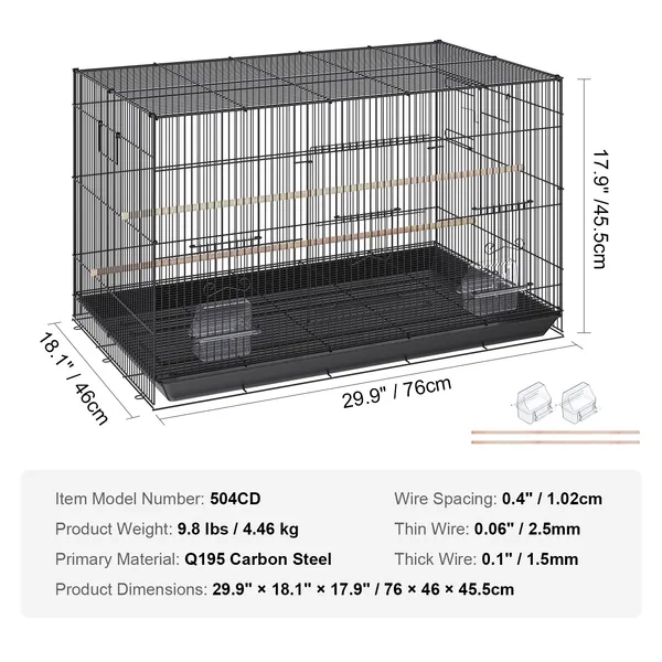 30 Inch Large Metal Bird Cage for Parakeets, Cockatiels, Lovebirds, and Canaries with Rolling Stand and Removable Tray