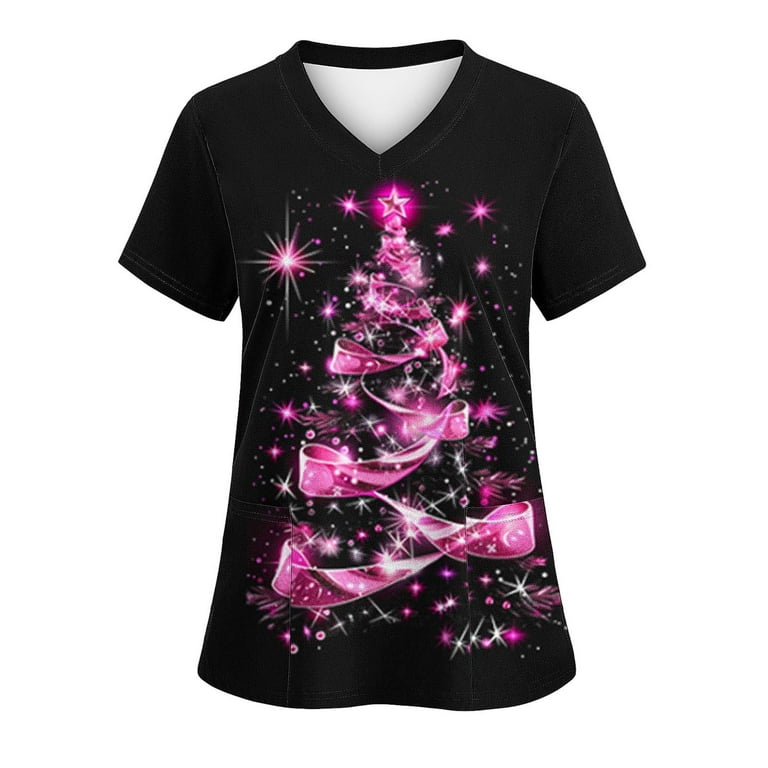 Feancey Women Christmas Scrubs Tops Glitter Xmas Tree Print Shirt