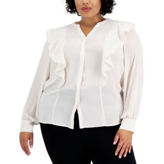 MSRP $90 Alfani Women Plus Size Solid Ruffle-Trim Button-Up Blouse Beige Size 2X