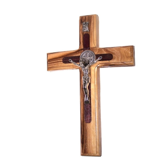 Two tone Saint Benedict Crucifix - Olive wood from Bethlehem with Top grade Corpus and Saint Benedict Medal (6 Inches) - olive wood with red