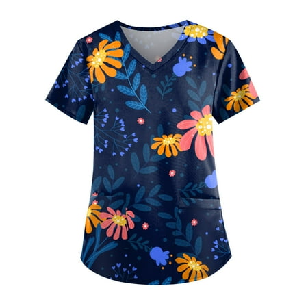 

TKing Fashion Independence Day Women Plus Size Scrubs Top V-Neck Short Sleeve Printed Pockets Work Blouse for Women Dark Blue S