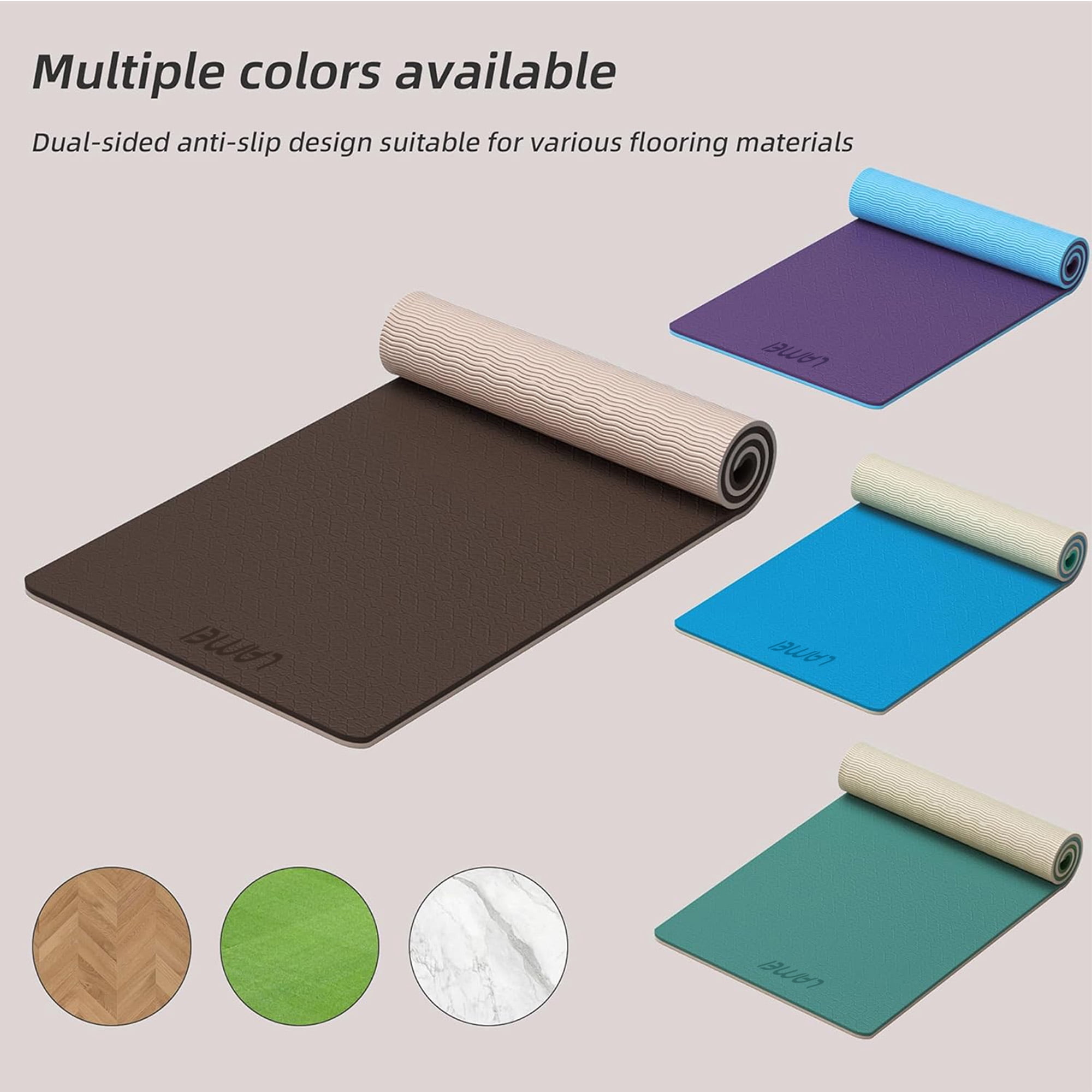 LAMEI Yoga Mat Thick 10mm, 31.5" Extra Wide for Men and Women, Non-Slip TPE Exercise Matt, Two Tone Fitness Mats with Straps for Carrying(Brown+Beige)