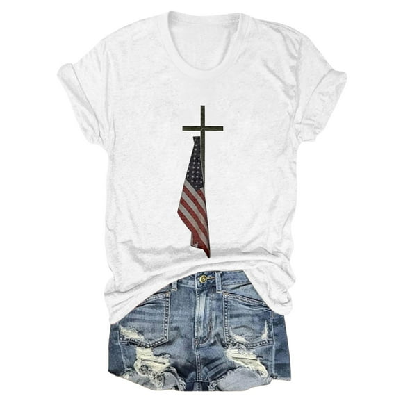 TSADFHJI Ladies Tops Plus Size Women Casual Independence Day Print Vest Round Neck Tank Sleeveless Elastic Tops S White