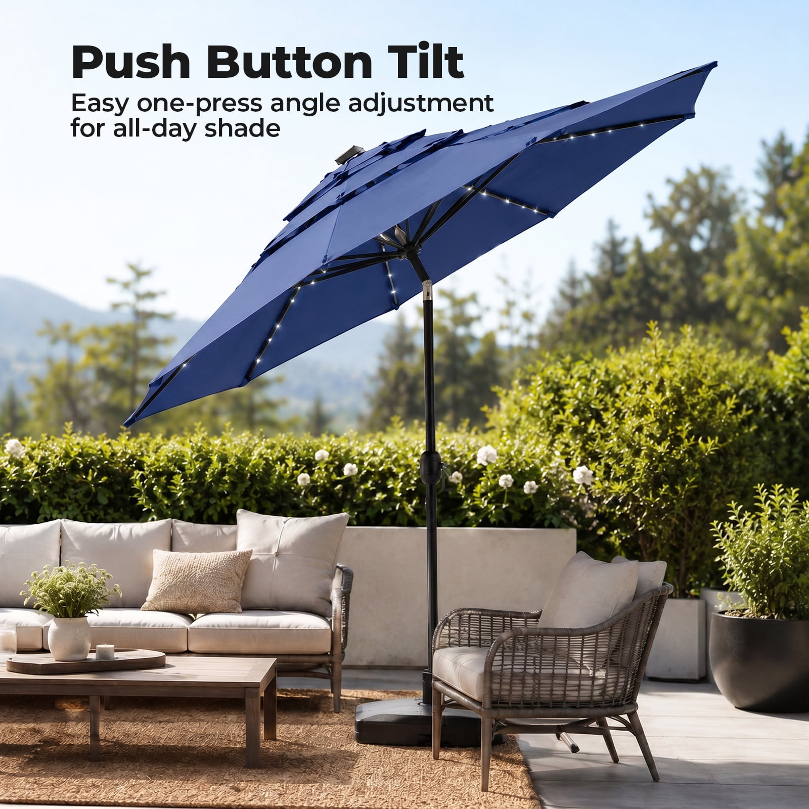 Alvantor 10Ft Solar Patio Umbrella with 32 LED Lights, 3-Tier Vented Outdoor Table Umbrella with Push Button Tilt and Crank, UPF 50+ UV Protection